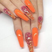 Long Fake Nails Coffin Glossy Press on Nails Ballerina Acrylic False Nails Tips Artificial Full Cover Designer Nails for Women and Girls 20Pcs (Orange)