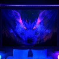 Blacklight Wolf Tapestry, Black Light Fantasy Animal Galaxy Purple Forest Tapestry Wall Hanging, UV Reactive Aesthetic Hippie Tapestries for Bedroom Poster College Dorm Home Decor, 60X40 inches