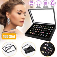 Ring Display Case Organizer Box with Transparent Lid, Ring Holder Showcase For Store Display Jewelry Show Home, Ring Organizer For Jewelry Rings, Studs Earrings (100 Slot, Black)
