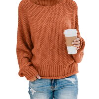 Sidefeel Womens Casual Solid Color Long Sleeve Turtleneck Chunky Knitted Pullover Sweater Winter Warm Jumper Tops Orange M 8-10