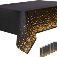 Samhe Black and Gold Tablecloth, 6 Pack Disposable Plastic Tablecloths Waterproof Oil Proof Rectangle Table Cover 54X108 in for Birthday Graduation Cocktail Party Decorations