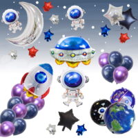 Finypa UFO Outer Space Decorations Party Supplies Foil Balloons Boy Birthday Baby Shower Chrome Blue Black Galaxy Astronaut Airship Space Theme Baby Shower (Blue)
