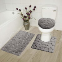 3PC GREY STONE Banded Embroidery Leave Design Bathroom Bath Mat Set Includes, 1 Contour Mat, 1 Lid Toilet Cover, 1 Bath Mat Ultra Absorbent with Anti-Slip Backings