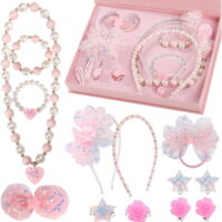 PinkSheep 14Pcs Kids Jewelry Set with Storage Box, Girls Toddler Jewelry Beads Necklace Bracelet Headband Ring Clip Earring Hair Ties