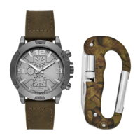 Mens Gunmetal Round Analog Watch with Green Camo Carabiner and Travel Bag