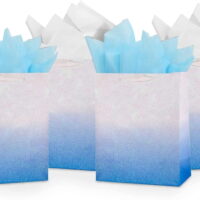UNIQOOO 12Pcs Ombre Blue Gift Bags Bulk w/ 24 Tissue Paper, 9 x 7 x 4 In, Gradient Pastel Blue Glitter Paper Gift Wrap Bag, Recyclable Gift Packaging for Wedding Birthday Baby Shower Party