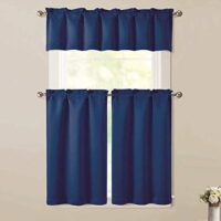Sapphire Home 3pc Kitchen Curtain 2 Tier 36' L + 1 Valance 15' L Semi-Blackout, Woven Fabric Soft Touch, Room Darkening Solid Short Panels, Curtains for Small Window, Tier Panels, BT181, Navy