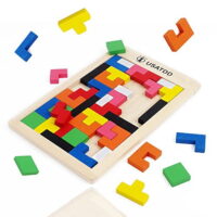 USATDD Wooden Tetris Puzzle Tangram Jigsaw Brain Teasers Toy Building Blocks Game Colorful Wood Puzzles Box Educational Gift For Kids 40 Pcs