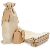 12 Pack Burlap Wine Bottle Gift Bags, Brown Reusable Drawstring Covers with Tags for Holiday, Birthday & House Warming, 14 x 6 in