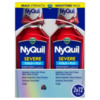 Vicks Nyquil Severe Cold and Flu Liquid Medicine, Berry Flavored, Max Strength Nighttime Relief, 12 fl oz, 2 Ct