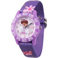 Doc Mcstuffins and Lambie Girls' Purple Plastic Time Teacher Watch, Printed Purple Nylon Strap