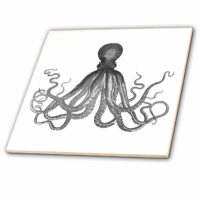 3dRose Vintage octopus - Black and white Lord Bodner kraken - Cthulu - nautical underwater sea giant squid - Ceramic Tile, 4-inch