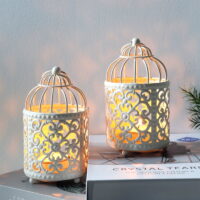 JHY DESIGN 2 Set of Small Metal Hollow Candle Stick Holder (White Birdcage)