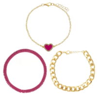 Seren Jewelry Goldtone Bracelet Set for Women, Gold Chains with Pink Coil Bangle, 3 Pieces