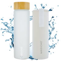 GROSCHE Venice Glass Water Bottle 670 ml , 22.6 fl. oz with White frosted finish, bamboo lid, Borosilicate Glass and neoprene sleeve. Heatproof reusable borosilicate glass water bottle