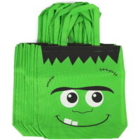 12 Pack Green Frankenstein Gift Tote Bags for Kids Trick or Treat, Halloween Party Favor Goodie Bag, 4 x 16 in