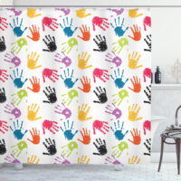 Kids Shower Curtain, Colorful Children Print Cute Teamwork Painting Kids Fun Games Illustration Print, Fabric Bathroom Set with Hooks, 69W X 70L Inches, Red Teal Yellow, by Ambesonne