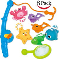 OUSITAID Fun Bathtime Squirting Floating Fishing Toys with Pole and Net, 8 Pcs Bath Fishing Game Toys for Kids Interactive Fishing Game in Bathtub