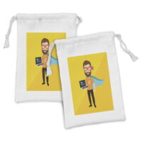 Nerd Fabric Pouch Set of 2, Man Wears a Cape Superhero Holding a Laptop Futuristic Geeky Design, Drawstring Bag for Toiletries Masks and Favors, 9' x 6', Earth Yellow and Multicolor, by Ambesonne