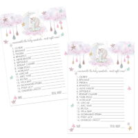 Unicorn Word Scramble for Baby Shower Game Cards 25 Pack Girls Unscramble Activity Gender Reveal - Whimsical Star Moon Theme - Printed 5x7 Size Set - Paper Clever Party