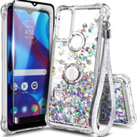 Nagebee Case for Motorola Moto G Pure (2021) with Tempered Glass Screen Protector (Full Coverage), Sparkle Glitter Liquid Bling Diamond [Ring Holder & Wrist Strap] Women Girls Cute Case (Gem)