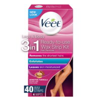 Hair Removal Wax Strips- VEET Easy- Gelwax Technology, Sensitive Formula Ready-to-Use Hair Remover Wax Strip Kit with Shea Butter, 40 wax strips with 4 wipes (Case of 4)