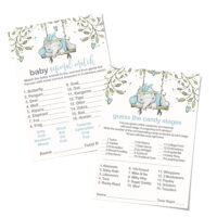 Elephant Baby Shower Game Bundle (25 Guests) Set Includes Baby Animal Matching Game - Candies Guessing Activity Cards - Boys Blue Safari and Greenery Theme (5x7 Inches) Paper Clever Party