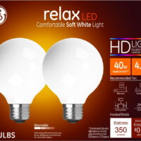 GE Relax LED Light Bulbs, Globe Bulb Shape, Soft White, Frosted Finish, 40 Watt Replacement, Medium Base, Dimmable (2 Pack)