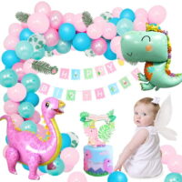 AOWEE Girl Dinosaur Party Supplies, Pink Dinosaur Party Decoration with 3D Standing Dinosaur Balloons Happy Birthday Banner for Baby Shower Girl Birthday