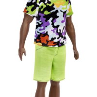 Barbie Ken Fashionistas Doll #123, Broad, Black Curly Hair, Multi-Colored Print Shirt, Green Shorts, Sneakers, Kids 3 to 8 Years Old