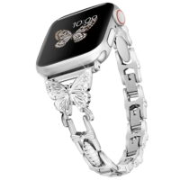 Frusde Diamond Bling Band for Apple Watch 42mm 44mm 45mm, Butterfly Diamond Rhinestone Adjustable Bracelet Stainless Steel Metal Wristband Strap-Silver