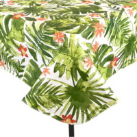 Tropical Flannel Back Vinyl Tablecloth: Green Palm Leaves with Pink Flowers Summer Fun for Easy Clean for Cookout Picnics Home Kitchen Office Business (52' x 90' Inch, Lush Nature)