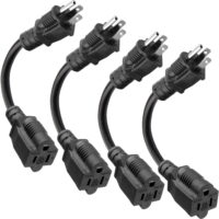 8 inch Short Power Extension Cord Outlet Saver, ETL Listed, SJTW 16AWG/13A 3 Prong Indoor/Outdoor Use, 4 Pack, Black