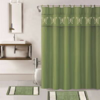 4 Piece Sage Butterfly Bathroom For Any Season Print Design Set 2 Bath Math, 1 piece Shower Curtain , 12 Rings Covered Anti -Slip Rubber Mat Backing
