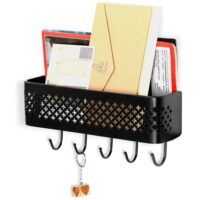 Wall Mounted Letter Rack, Metal Key Holder with 5 Hooks, Black Functional Key Rack Organizer For Wall