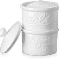 DOWAN Salt and Pepper container with Lid, 8 OZ Ceramic Vintage Mason Salt Pepper shaker, Set of 2, White