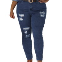 Unique Bargains Women's Plus Size Denim Zip Fly Mid Rise Skinny Ripped Jeans