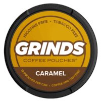 Grinds Coffee Pouches | 3 Cans of Caramel | Tobacco Free, Nicotine Free Healthy Alternative | 18 Pouches Per Can | 1 Pouch eq. 1/4 Cup of Coffee