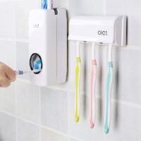 Toothbrush Holder Multifunctional Wall-Mounted Space-Saving Toothbrush and Toothpaste Squeezer Kit with Dustproof Cover 5 Toothbrush Slots & Automatic Toothpaste Dispenser (White)
