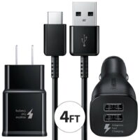 Adaptive Fast Charger Wall & Car 2x USB Type C Cable Combo Compatible with Samsung Galaxy A03s Adaptive Fast Wall & Car Charger Adapter with 2x USB Type C Cable Kit - Black