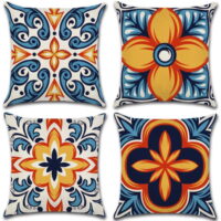 Set of 4 Pillow Covers 18x18, Blue Orange Kaleidoscope Design Pattern Style, Cotton Linen Fabric Decorative Indoor / Outdoor Throw Pillow Case Set 45x45cm