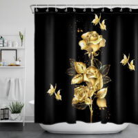 HVEST Rose Shower Curtain Black and Golden Shower Curtain for Bathroom,Flower and Butterfly Bath Accessories Polyester Waterproof Durable Fabric curtain with Hooks 70x69 Inches