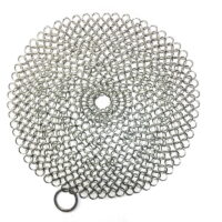 Round cast iron cleaner with durable plastic pan grill scraper, stainless steel chain mesh scrubber, pot pans, grill pans, wok cleaning brush