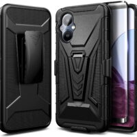 OnePlus Nord N20 5G Phone Case with Tempered Glass Screen Protector (Full Coverage), Nagebee Belt Clip Holster with Built-in Kickstand, Heavy Duty Shockproof Armor Rugged Case (Black)