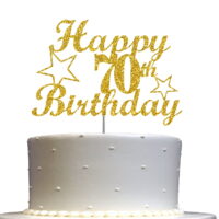 70 Birthday Cake Topper Gold Glitter, 70th Party Decoration Ideas, Sturdy Doubled Sided Glitter, Acrylic Stick. Made in USA
