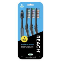 REACH Advanced Design Toothbrush, Angled Neck, Soft Multi-Level Bristles, Contoured Handle, Tongue Scraper, Value Pack, ADA Accepted, 7 Count (Packaging and Color May Vary)