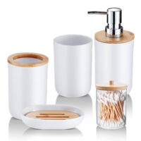 iMucci White Bathroom Accessories Set, Toothbrush Holder, Soap Dish, Lotion Dispenser, Cup and Cotton Swab Box, 5 Piece Wash Kit