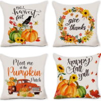 DecorX 18' x 18' Decorative Fall Pillow Covers Set of 4 Farmhouse Pumpkin Truck Sunflowers Orange Decorative Throw Pillow Cover Cushions for Couch Sofa Living Room Outdoor Fall Thanksgiving