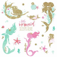 Roommates Mermaid Peel and Stick Wall Decals with Glitter pink, Turquoise, Golden Ocean Stickers