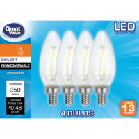 Great Value LED Light Bulb, 4.5W (40W Equivalent) B10 Deco Lamp E12 Candelabra Base, Non-dimmable, Daylight, 4-Pack